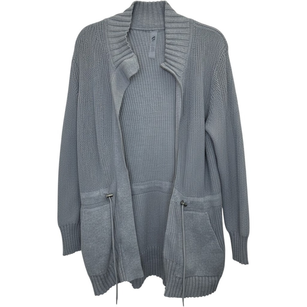 Lou & Grey Womens Large Gray Cotton Shaker Knit Zip Drawstring Cardigan Sweater